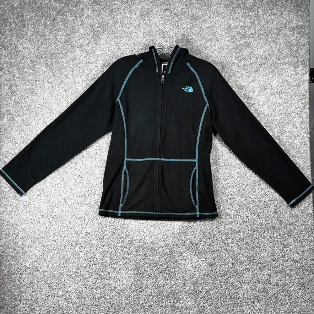 The North Face Girls XL 18 TKA 100 Full Zip Fleece Hoodie Black Teal Stitching